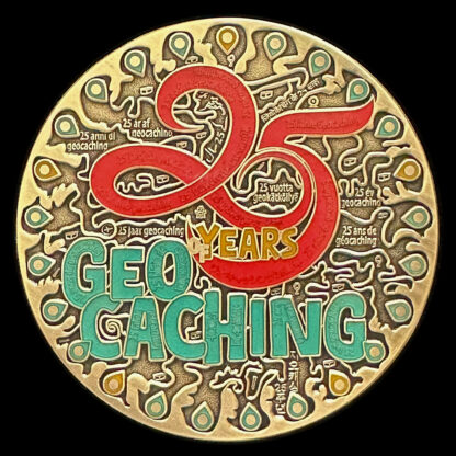 25 years of geocaching geocoin, antique gold