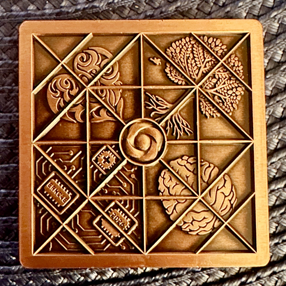 aopeksis (anitque copper) edition of ernies personal geocoin, front