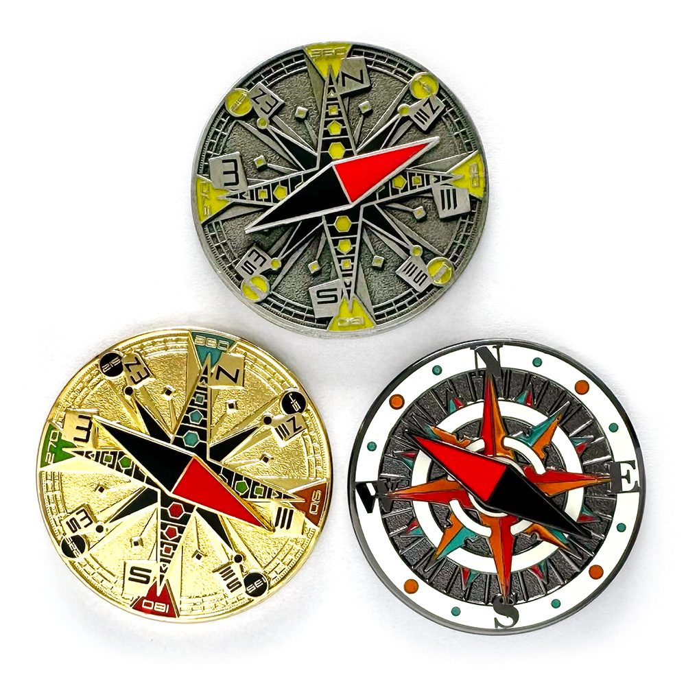 biel geocoin, set of 3, back with movable needle